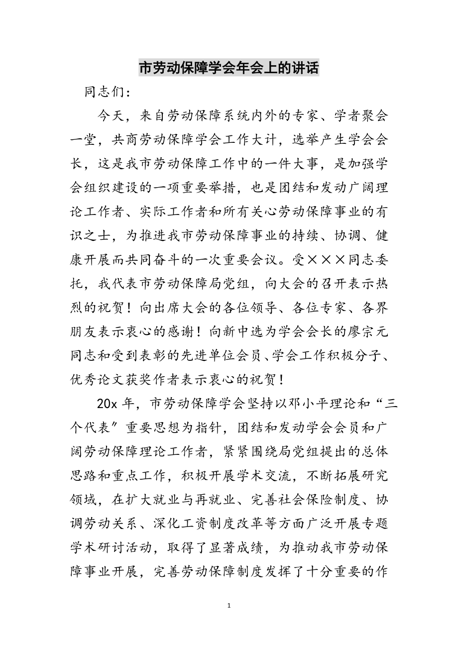 2023年市劳动保障学会年会上的讲话范文.doc_第1页