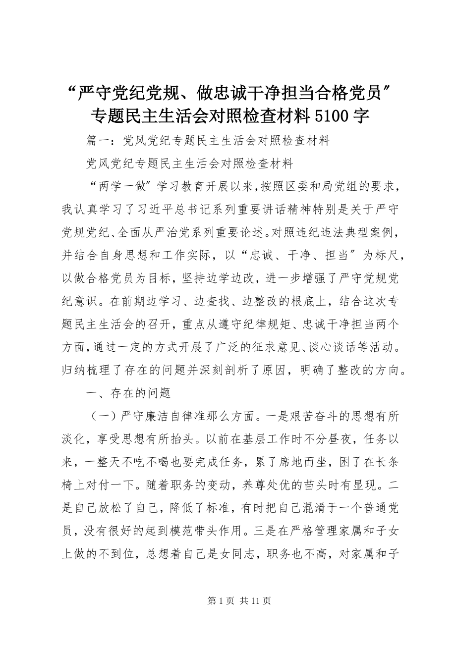 2023年严守党纪党规做忠诚干净担当合格党员专题民主生活会对照检查材料字.docx_第1页