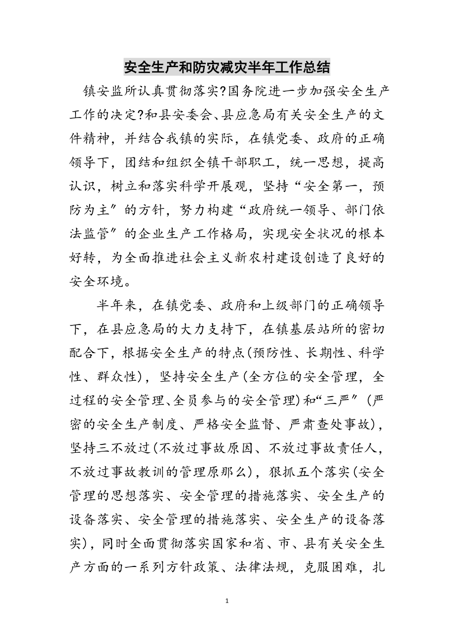 2023年安全生产和防灾减灾半年工作总结范文.doc_第1页