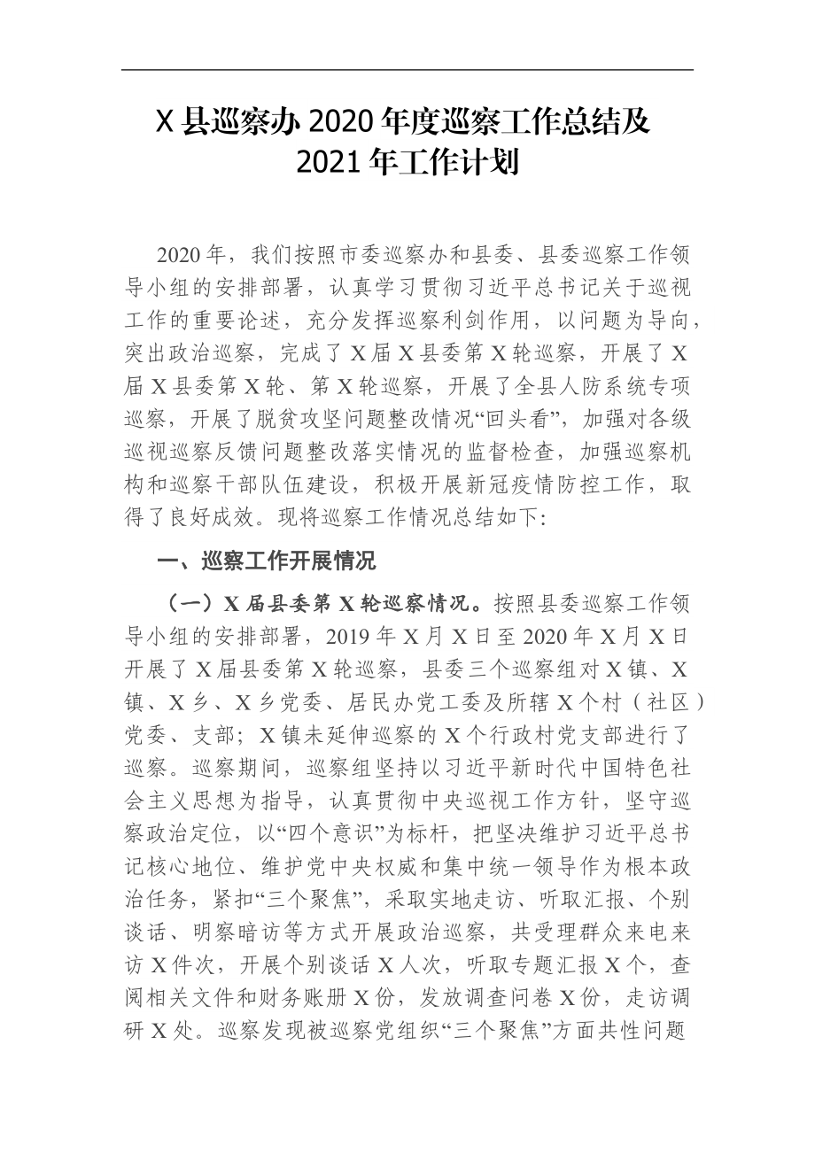 纪委监委：X县巡察办2020年度巡察工作总结及2021年工作计划.docx_第1页