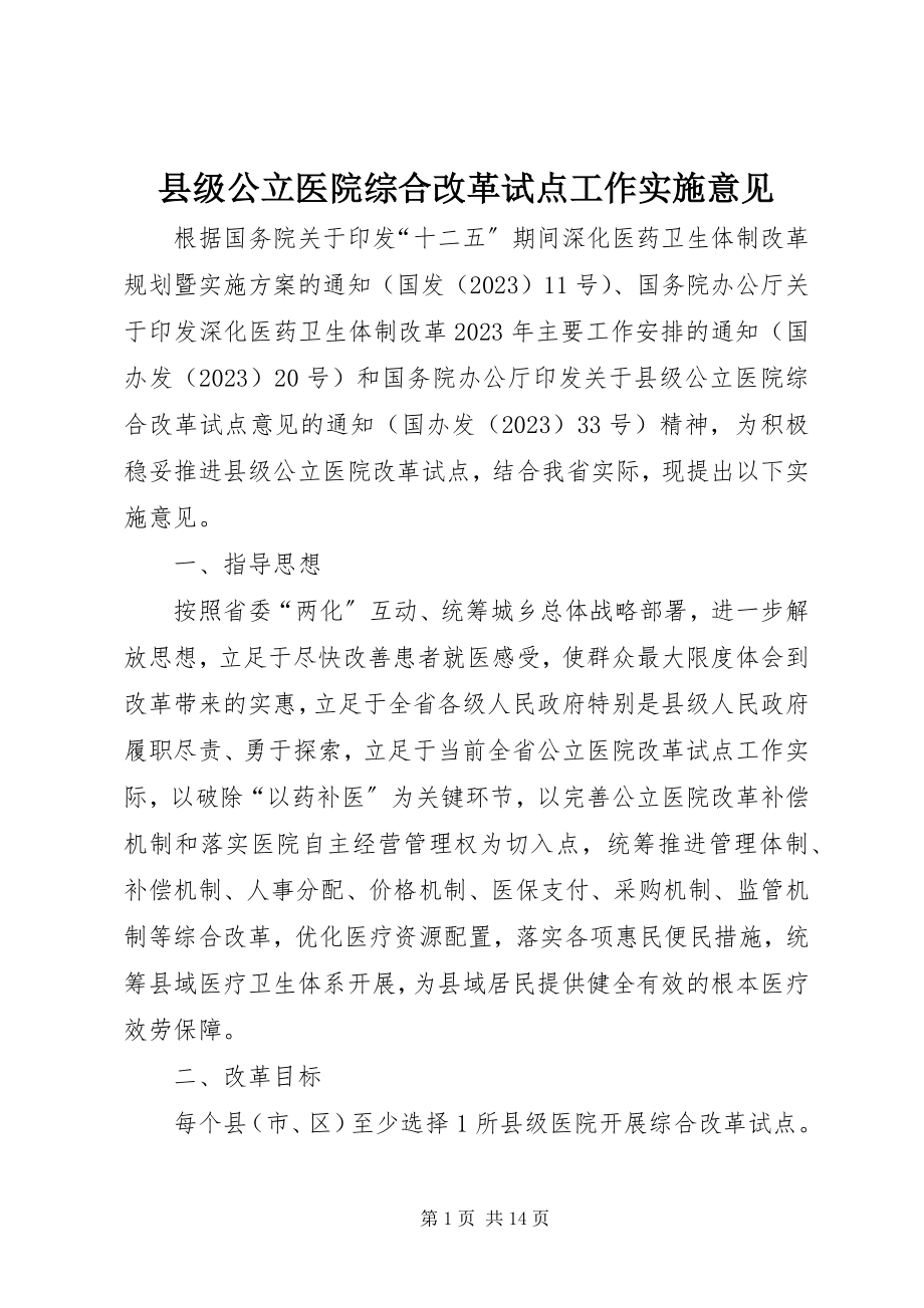 2023年县级公立医院综合改革试点工作实施意见.docx_第1页