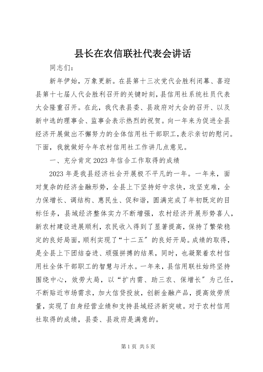 2023年县长在农信联社代表会致辞.docx_第1页