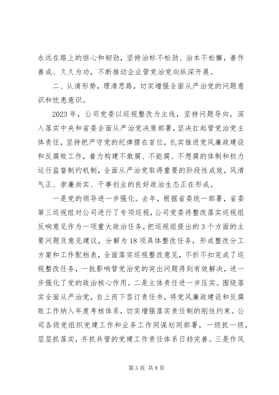 2023年公司党委书记党风廉政建设工作会议致辞稿.docx_第3页