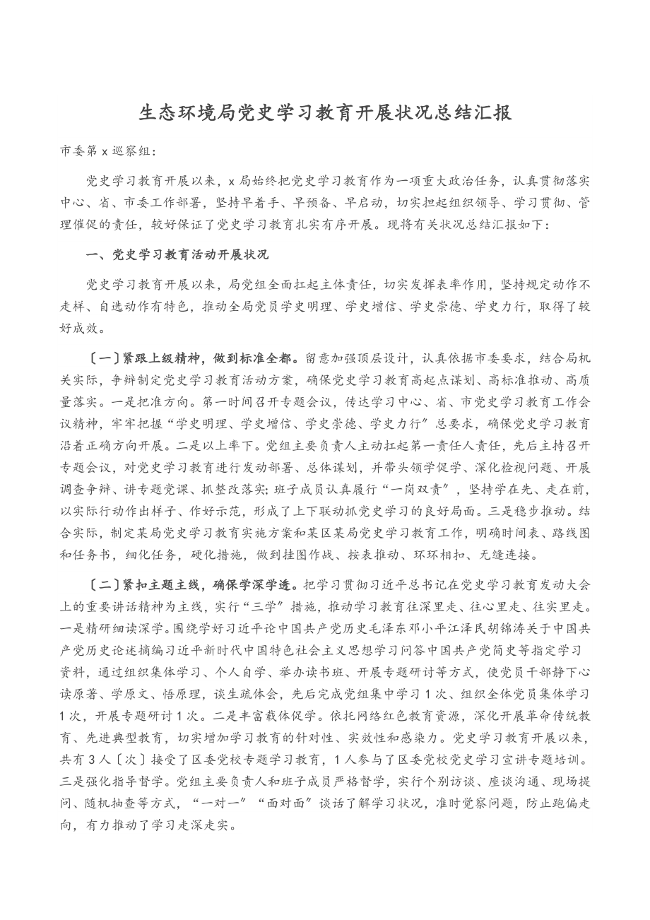 2023年生态环境局党史学习教育开展情况总结汇报.doc_第1页