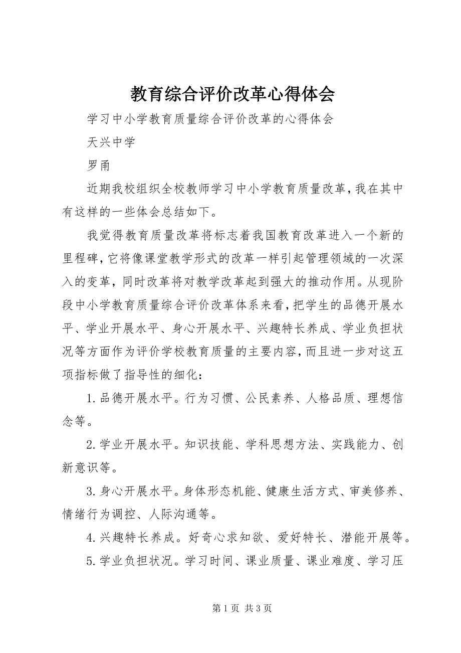 2023年教育综合评价改革心得体会.docx_第1页