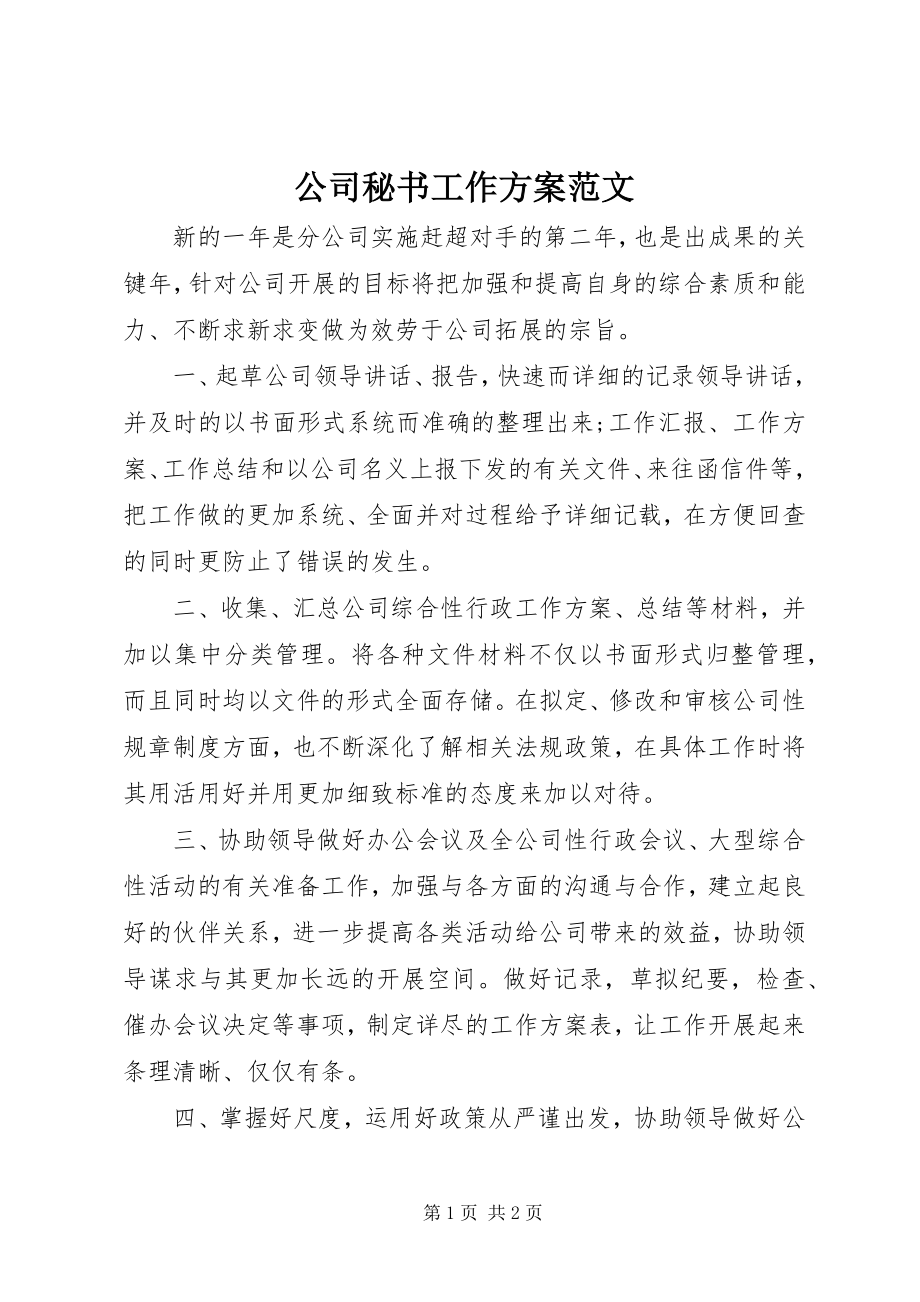 2023年公司秘书工作计划精选.docx_第1页