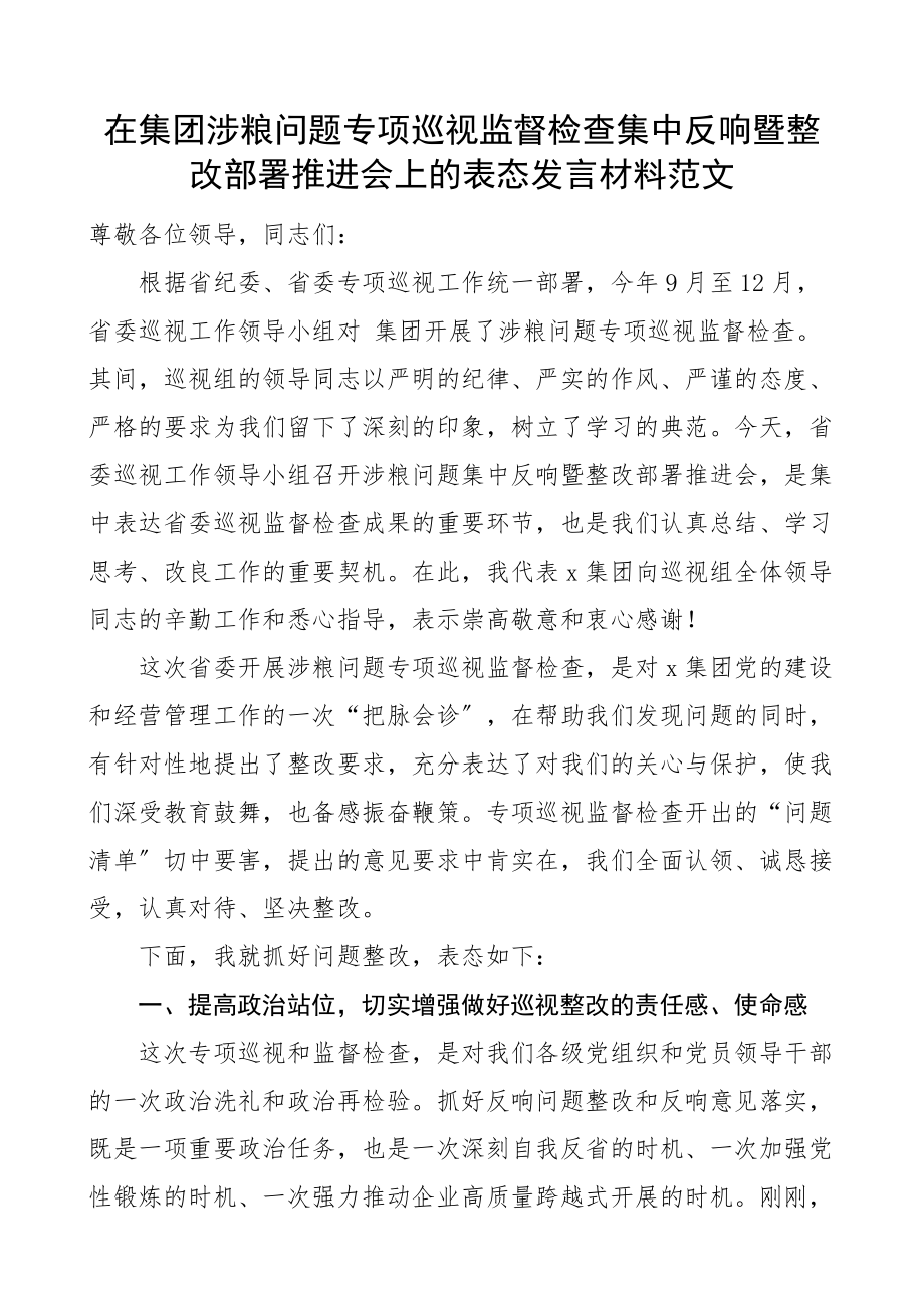 在集团涉粮问题专项巡视监督检查集中反馈暨整改部署推进会上的表态发言材料公司企业巡察会议粮食.docx_第1页