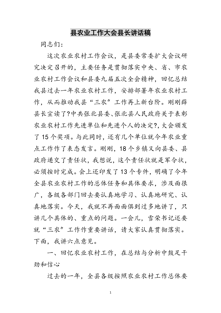 2023年县农业工作大会县长讲话稿范文.doc_第1页