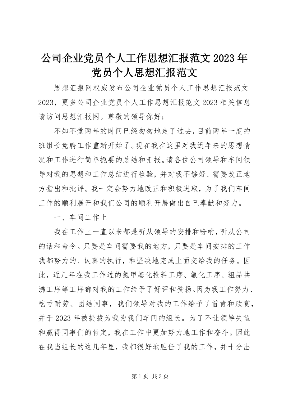 2023年公司企业党员个人工作思想汇报精选某年党员个人思想汇报.docx_第1页