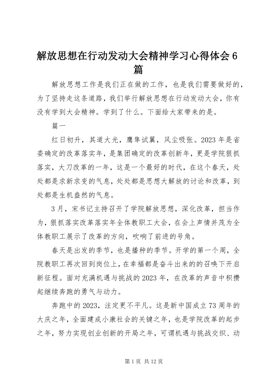 2023年解放思想在行动动员大会精神学习心得体会6篇.docx_第1页