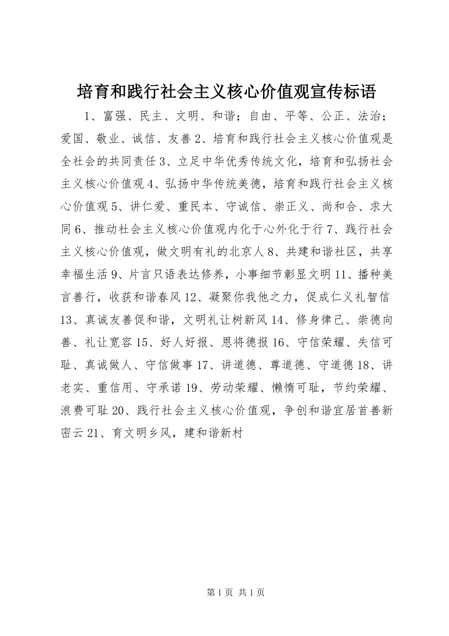 2023年培育和践行社会主义核心价值观宣传标语.docx_第1页