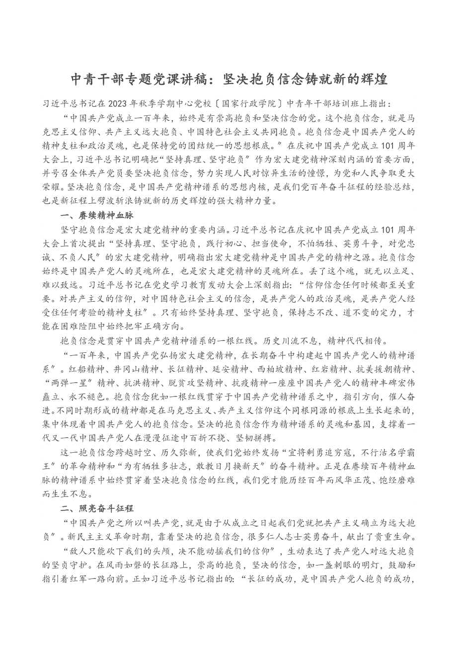 2023年中青干部专题党课讲稿：坚定理想信念铸就新的辉煌.doc_第1页