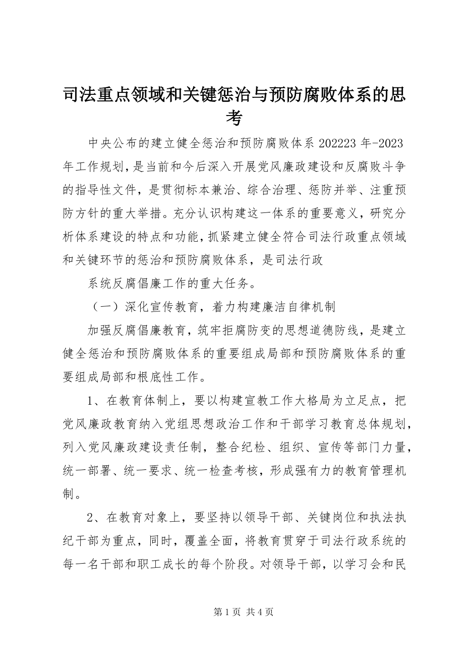 2023年司法重点领域和关键惩治与预防腐败体系的思考.docx_第1页