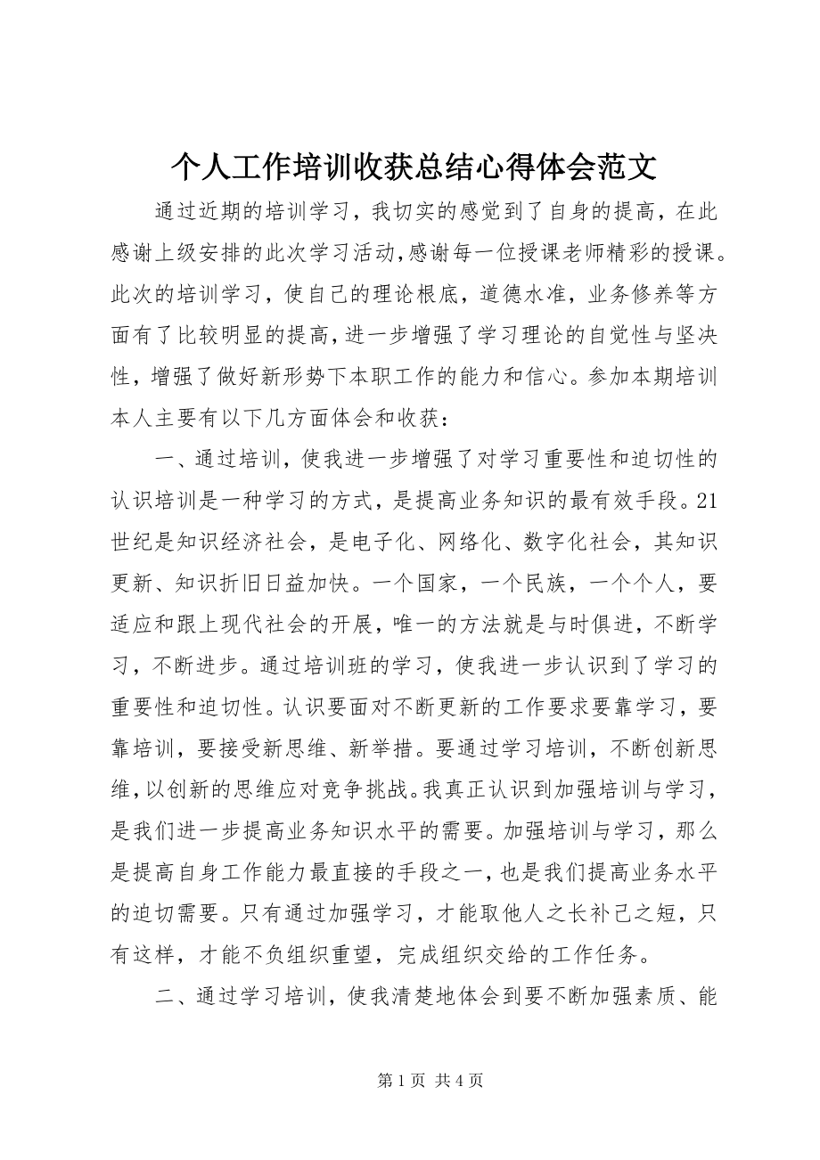 2023年个人工作培训收获总结心得体会精选.docx_第1页