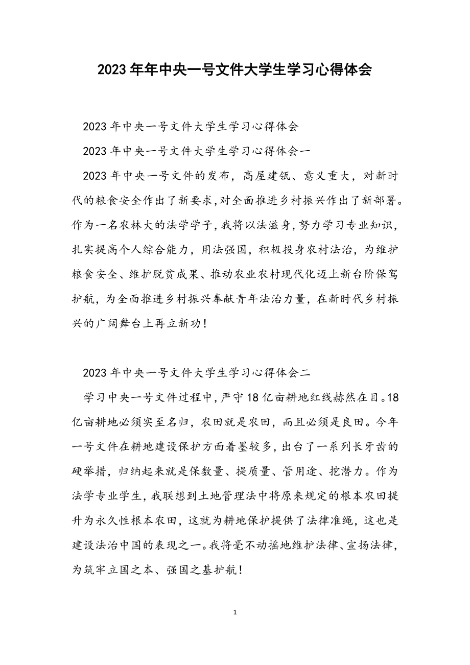 2023年中央一号文件大学生学习心得体会.docx_第1页