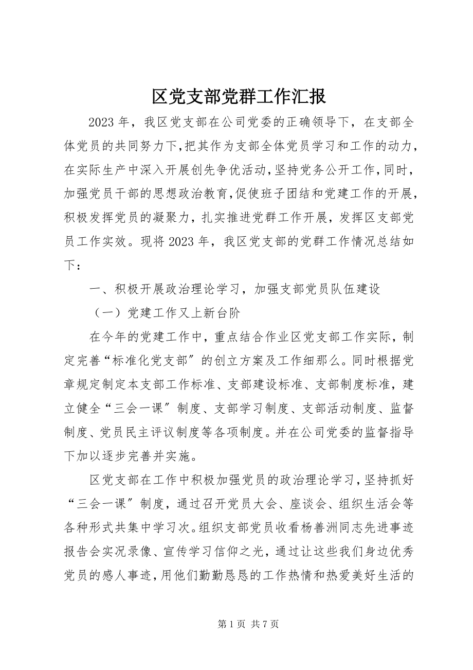 2023年区党支部党群工作汇报.docx_第1页