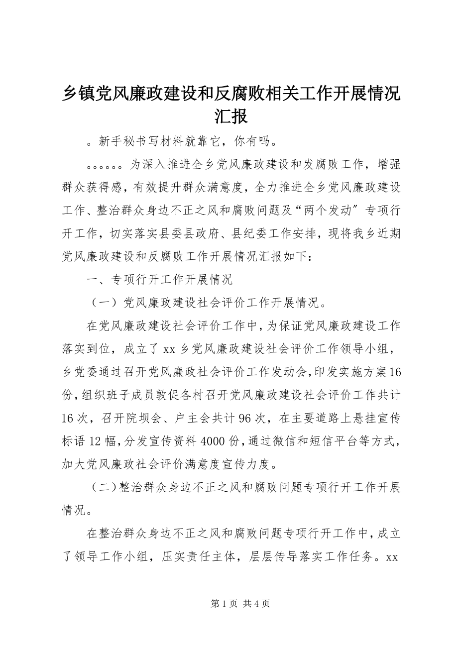 2023年乡镇党风廉政建设和反腐败相关工作开展情况汇报.docx_第1页