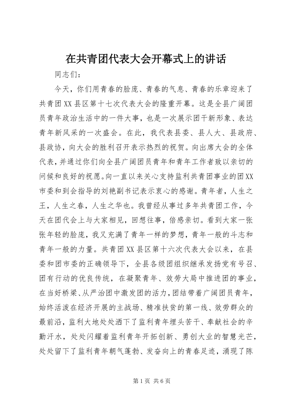 2023年在共青团代表大会开幕式上的致辞.docx_第1页