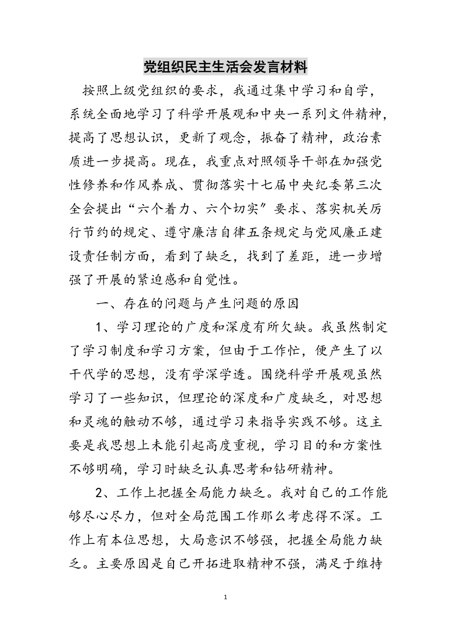 2023年党组织民主生活会发言材料范文.doc_第1页