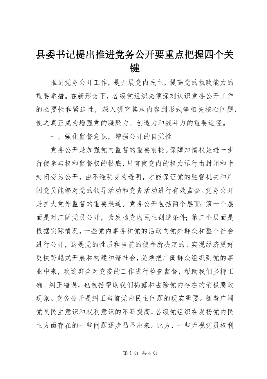 2023年县委书记提出推进党务公开要重点把握四个关键.docx_第1页