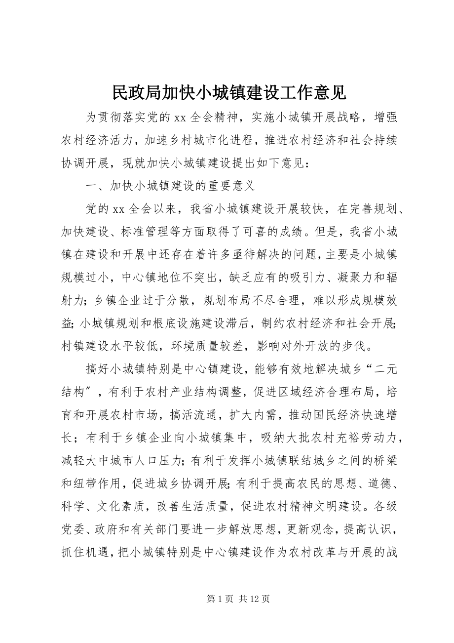 2023年民政局加快小城镇建设工作意见.docx_第1页