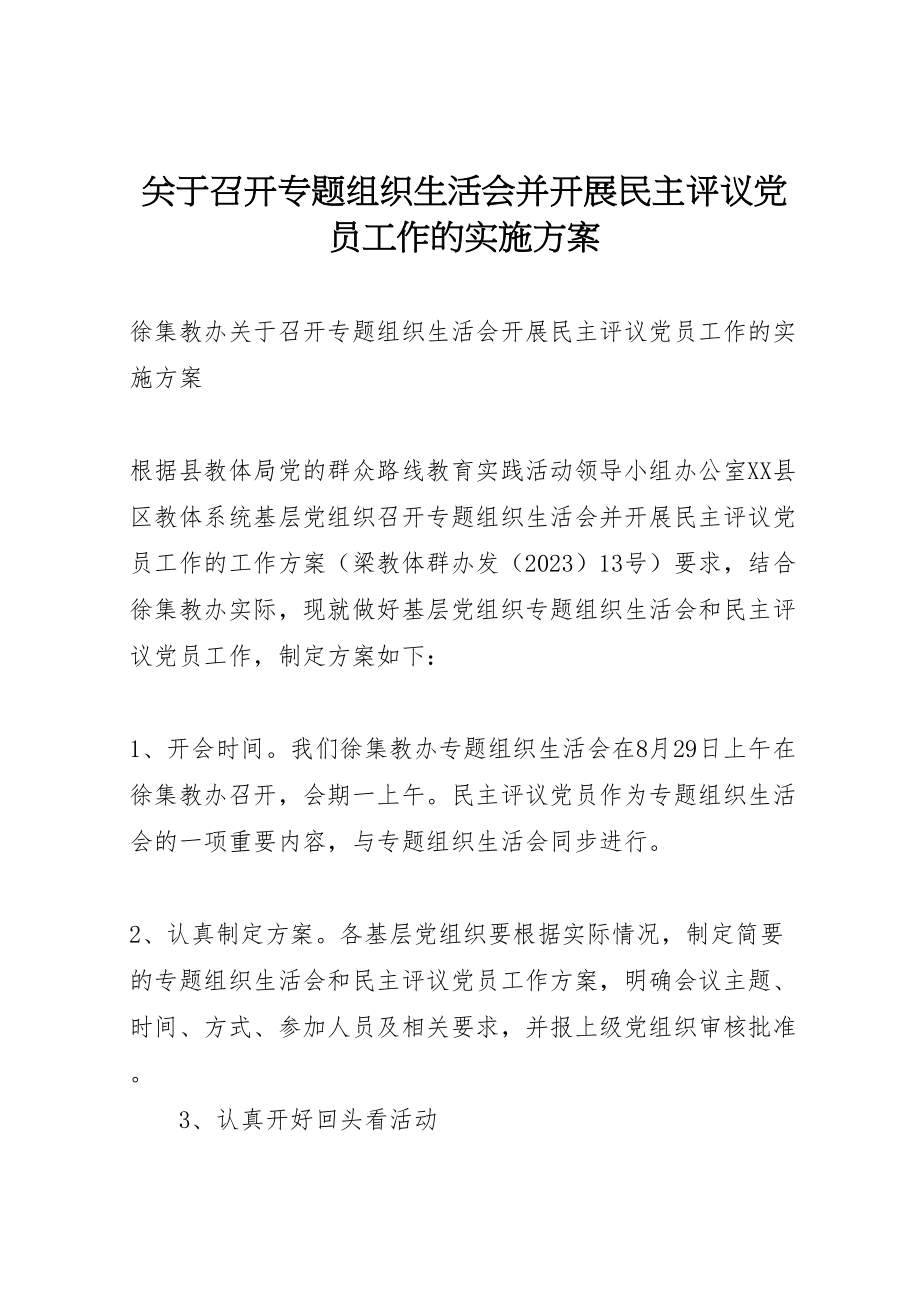 2023年关于召开专题组织生活会并开展民主评议党员工作的实施方案.doc_第1页