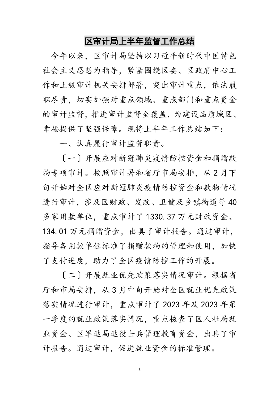 2023年区审计局上半年监督工作总结范文.doc_第1页