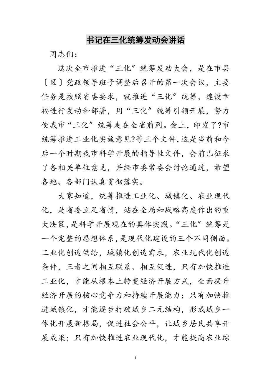 2023年书记在三化统筹动员会讲话范文.doc_第1页