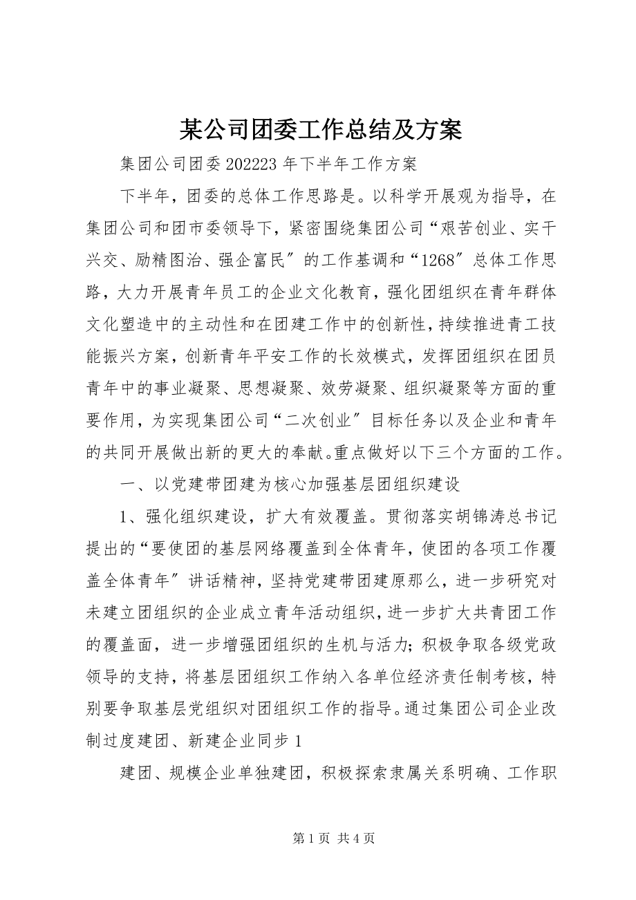 2023年某公司团委工作总结及计划.docx_第1页