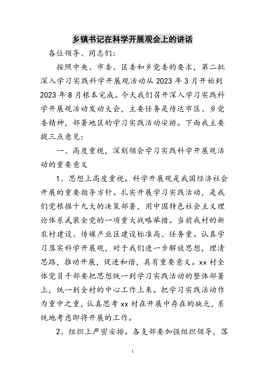 2023年乡镇书记在科学发展观会上的讲话范文.doc_第1页