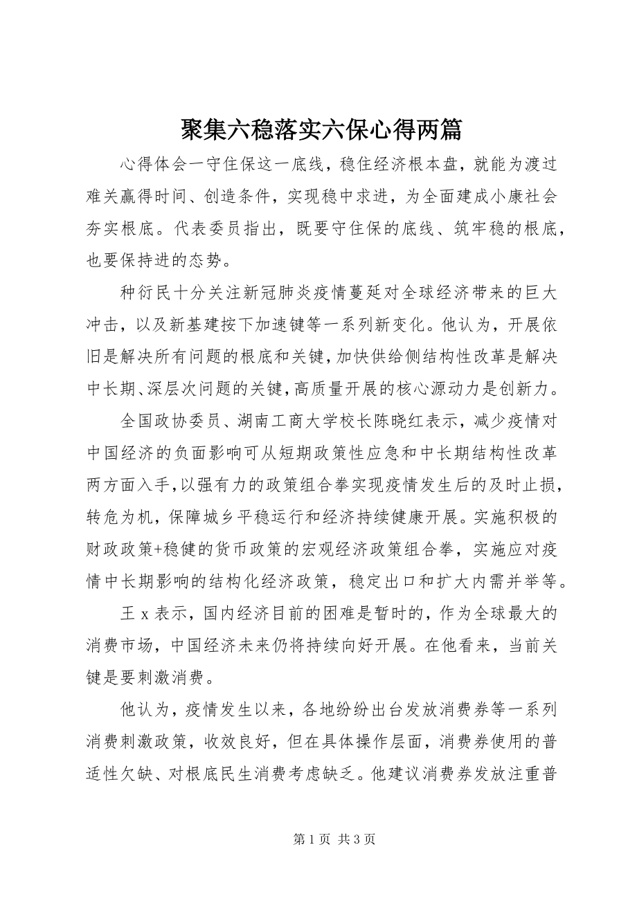 2023年聚集六稳落实六保心得两篇.docx_第1页