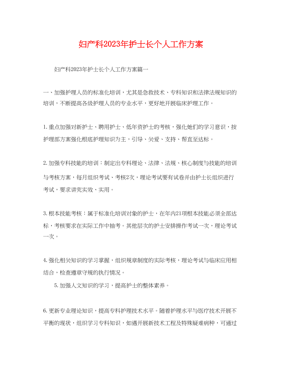 2023年妇产科护士长个人工作计划.docx_第1页