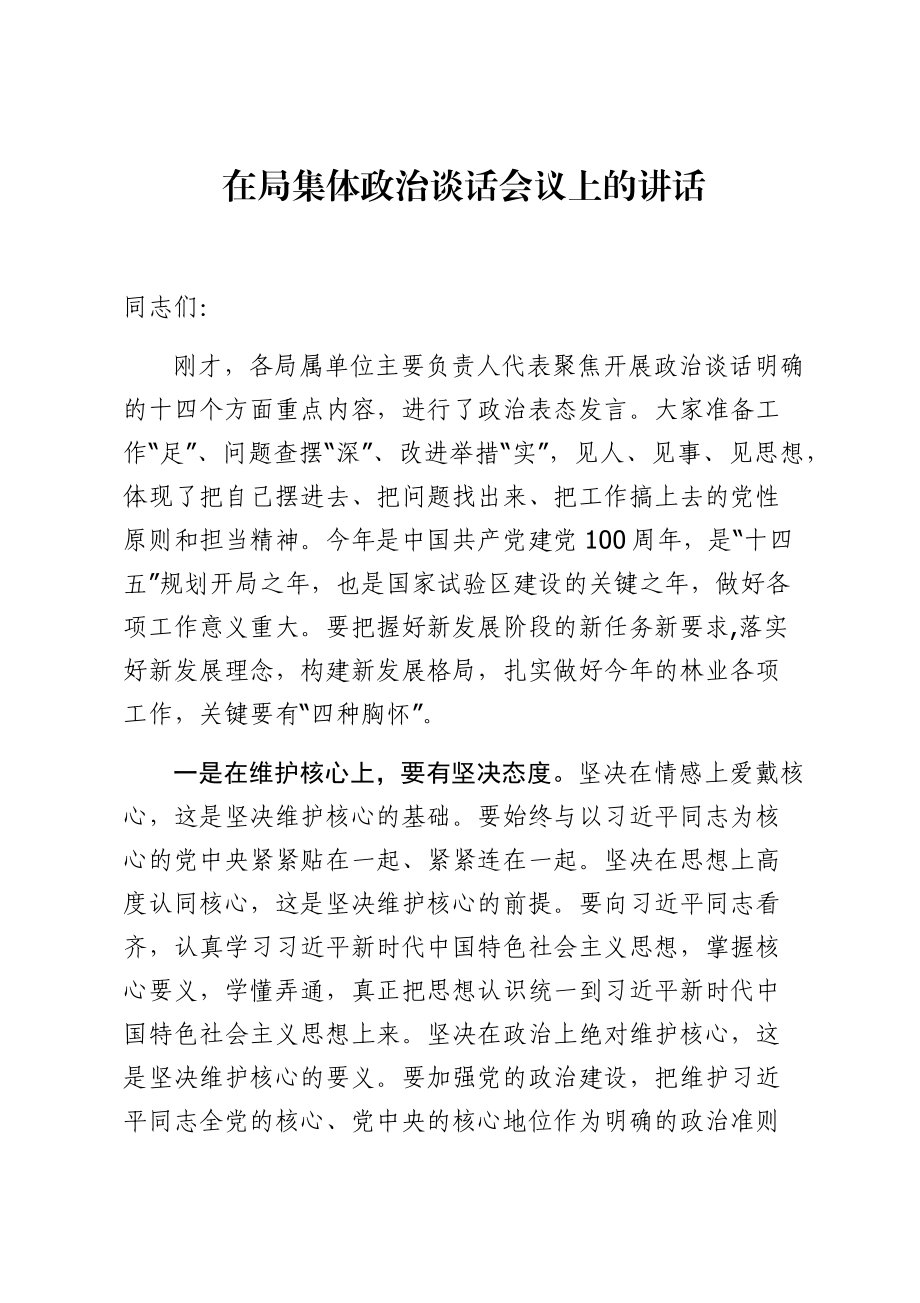 局机关：在局集体政治谈话会议上的讲话.docx_第1页