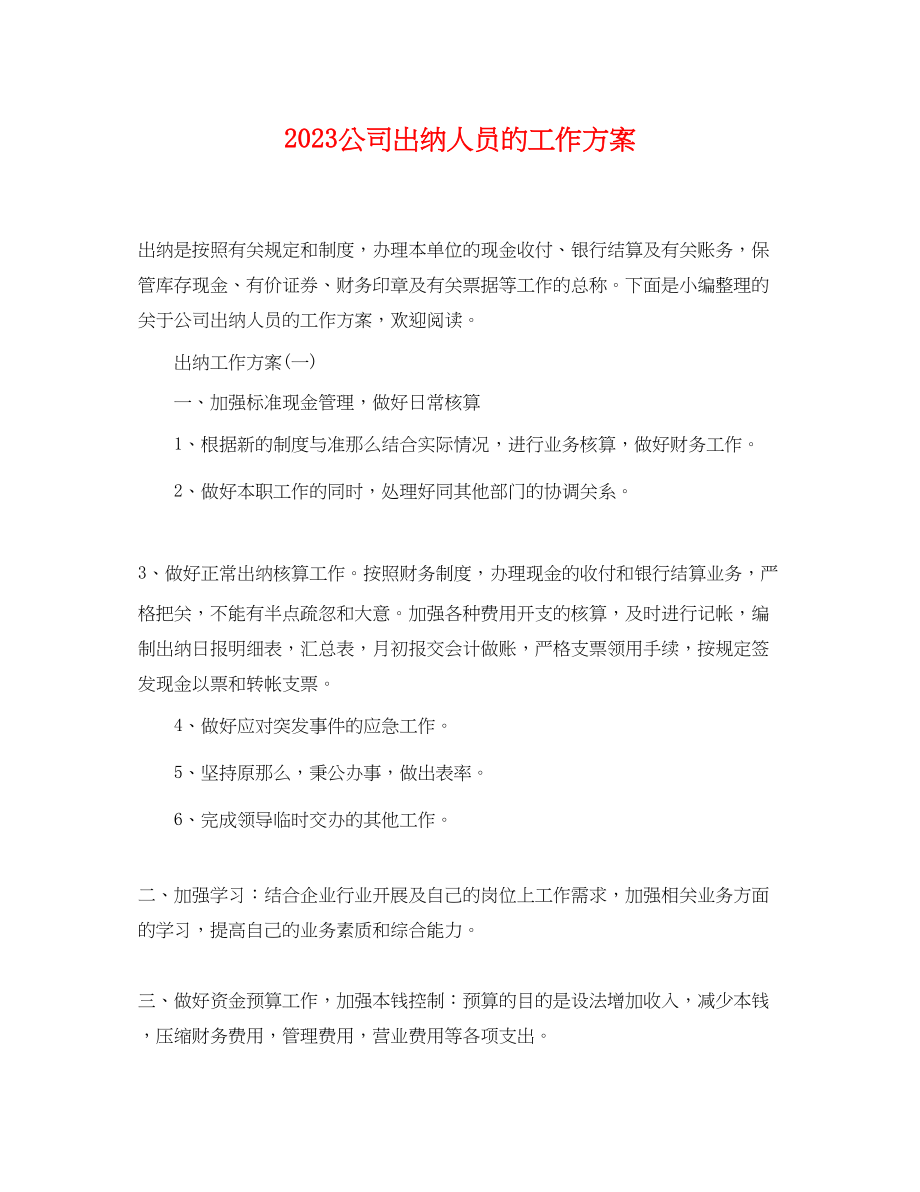 2023年公司出纳人员的工作计划.docx_第1页