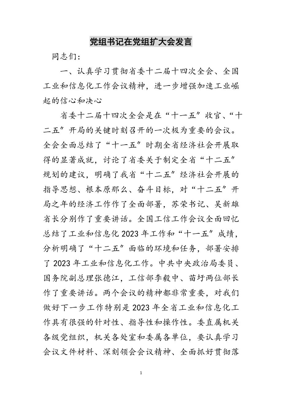 2023年党组书记在党组扩大会发言范文.doc_第1页