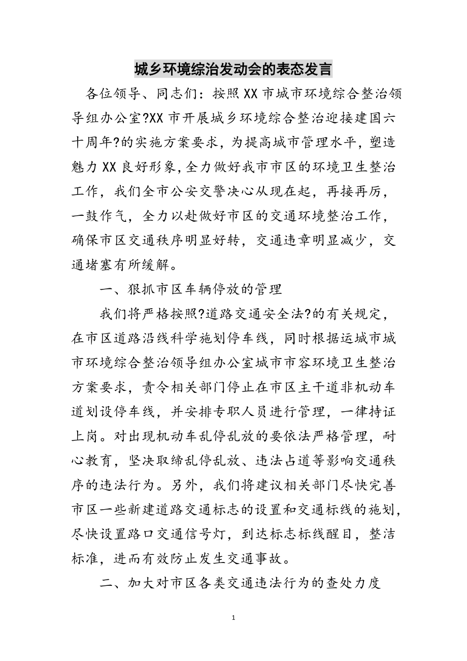 2023年城乡环境综治动员会的表态发言范文.doc_第1页