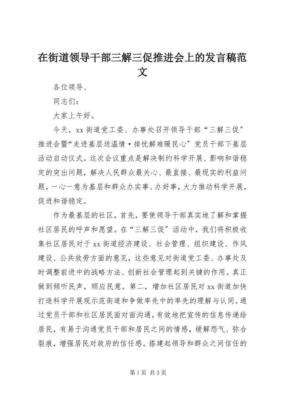 2023年在街道领导干部三解三促推进会上的讲话稿.docx_第1页