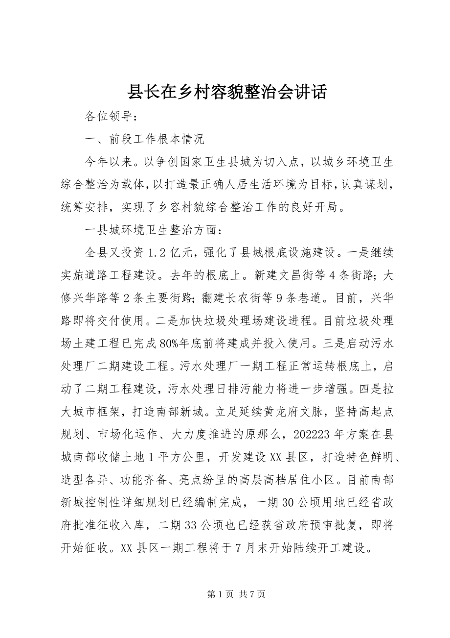 2023年县长在乡村容貌整治会致辞.docx_第1页