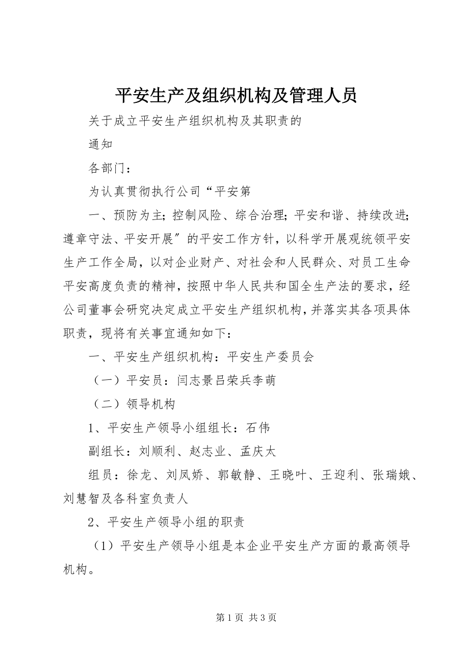 2023年安全生产及组织机构及管理人员新编.docx_第1页