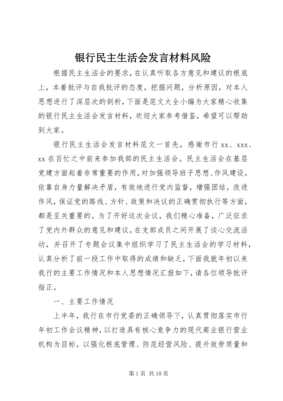 2023年银行民主生活会讲话材料风险.docx_第1页