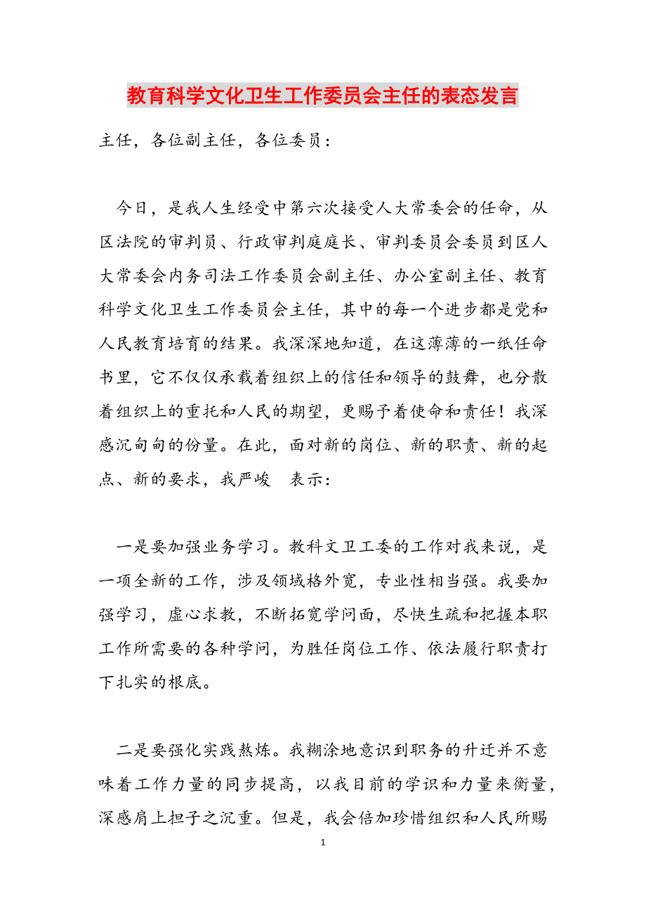 2023年教育科学文化卫生工作委员会主任的表态发言.doc_第1页