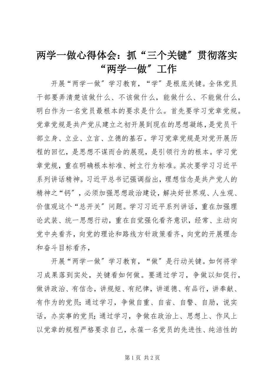 2023年两学一做心得体会抓“三个关键”贯彻落实“两学一做”工作.docx_第1页