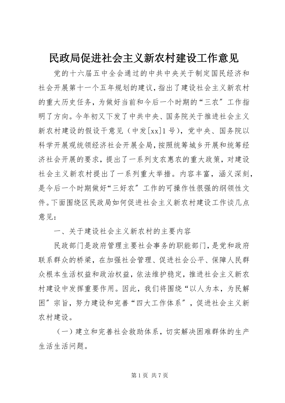 2023年民政局促进社会主义新农村建设工作意见.docx_第1页