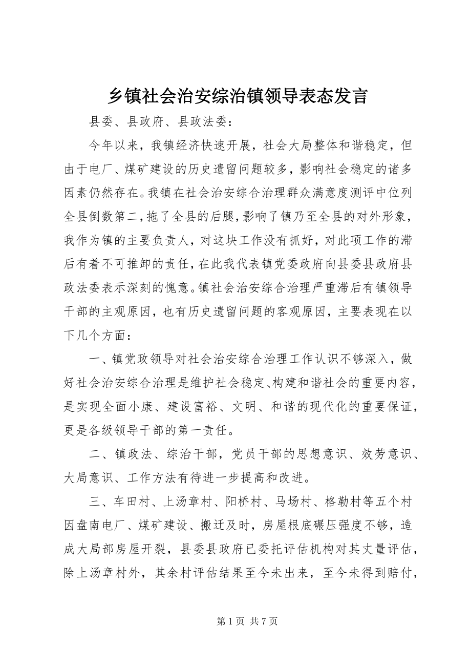 2023年乡镇社会治安综治镇领导表态讲话.docx_第1页