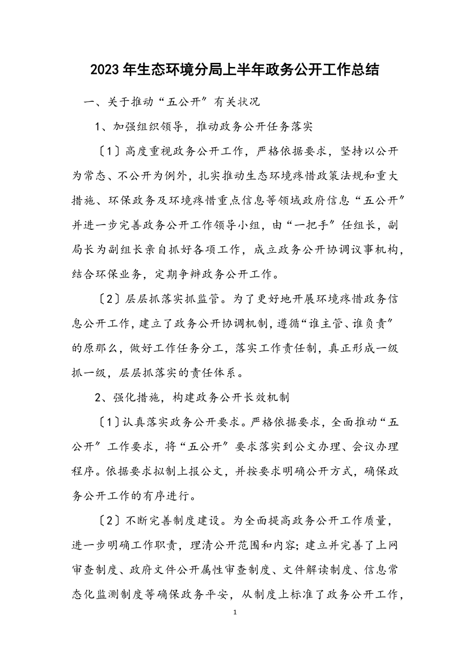 2023年生态环境分局上半年政务公开工作总结.docx_第1页