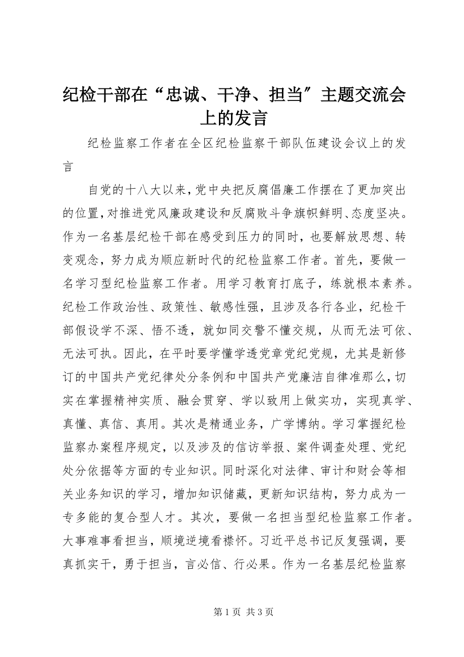 2023年纪检干部在“忠诚、干净、担当”主题交流会上的讲话.docx_第1页