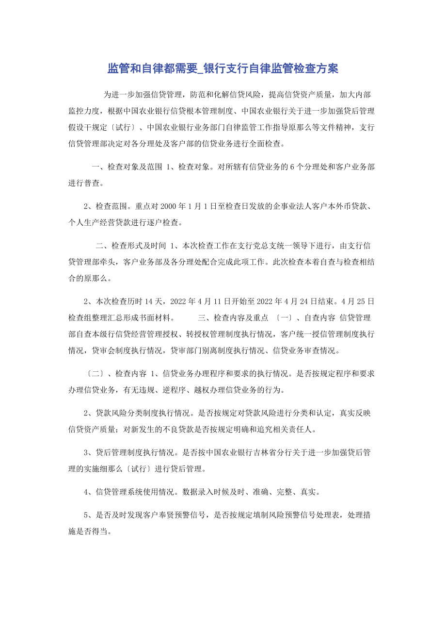 2023年监管和自律都需要银行支行自律监管检查方案.docx_第1页