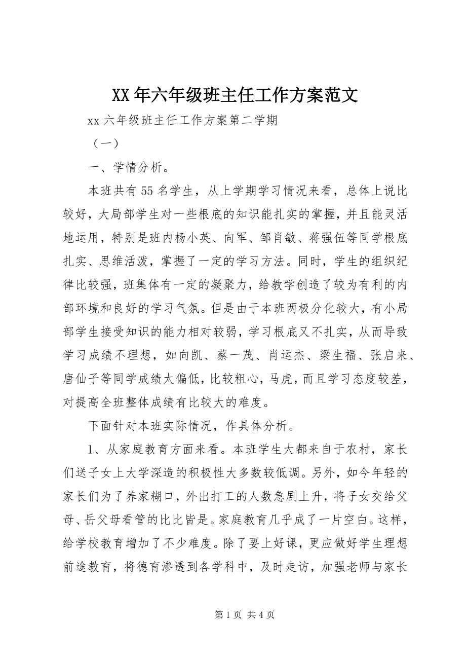 2023年六年级班主任工作计划范文.docx_第1页