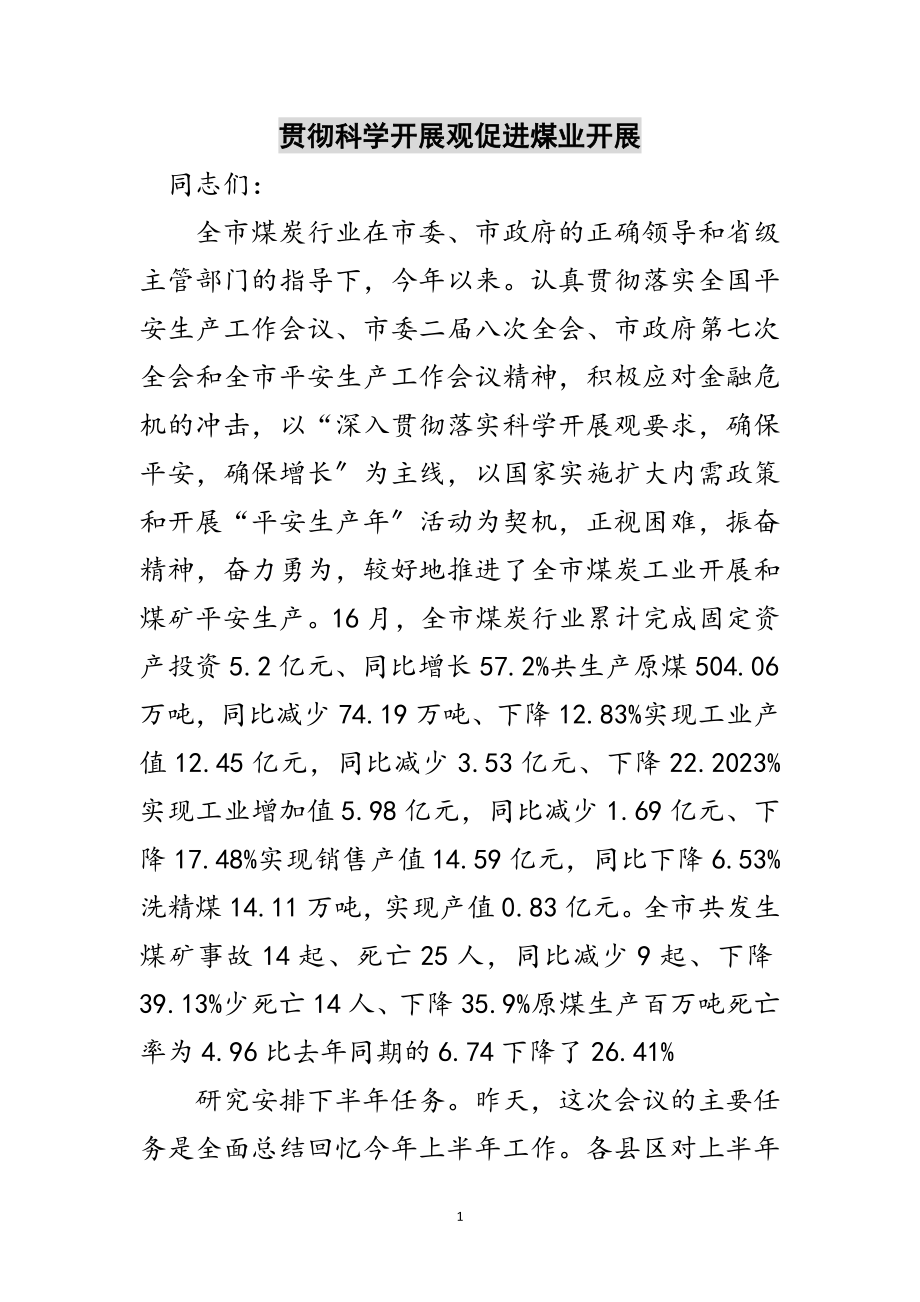 2023年贯彻科学发展观促进煤业发展范文.doc_第1页