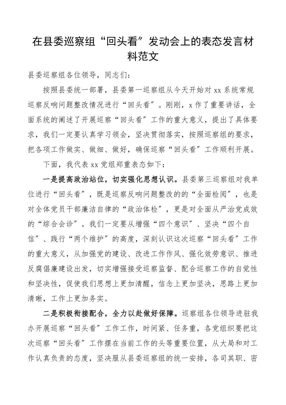 在县委巡察组回头看动员会上的表态发言材料范文工作会议.docx_第1页